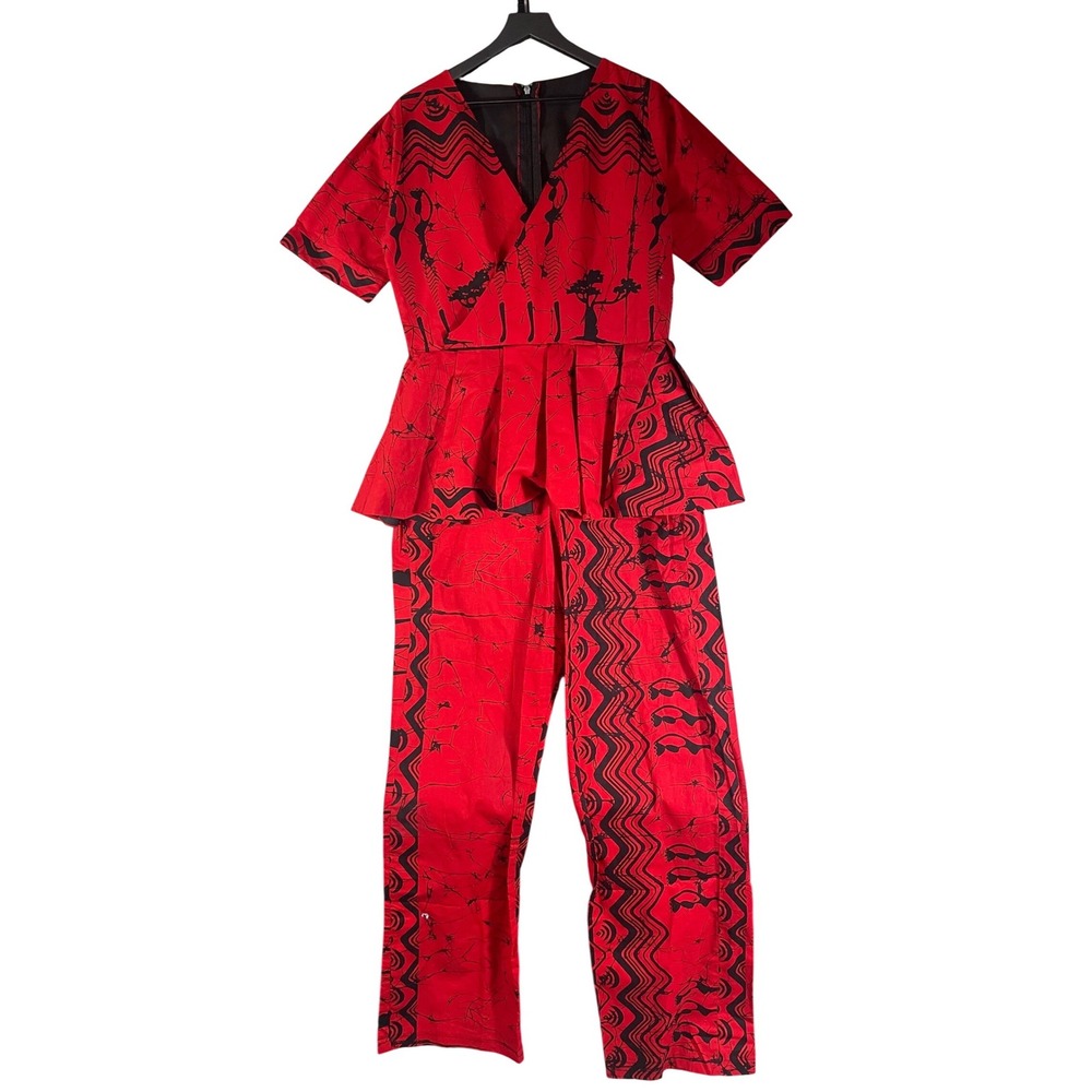 Vintage 1980s Red Black African Print Peplum Wrap Jumpsuit Womens XL Tall Cotton
